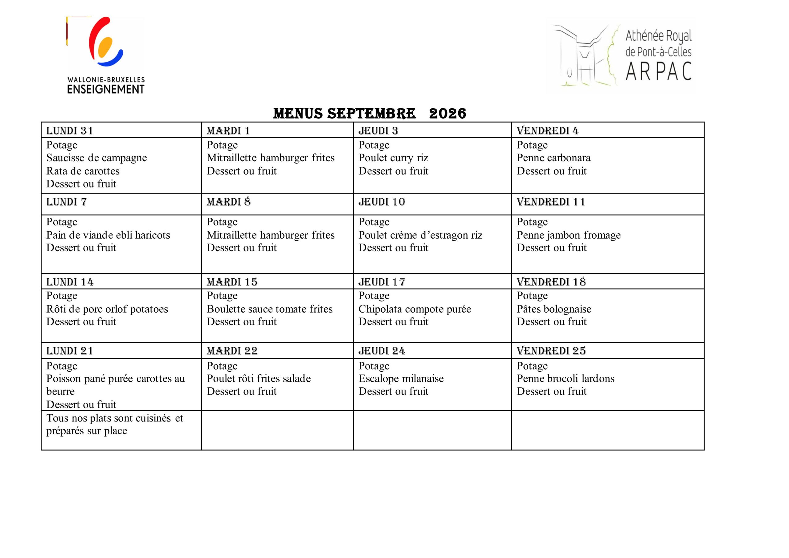 Menu du mois