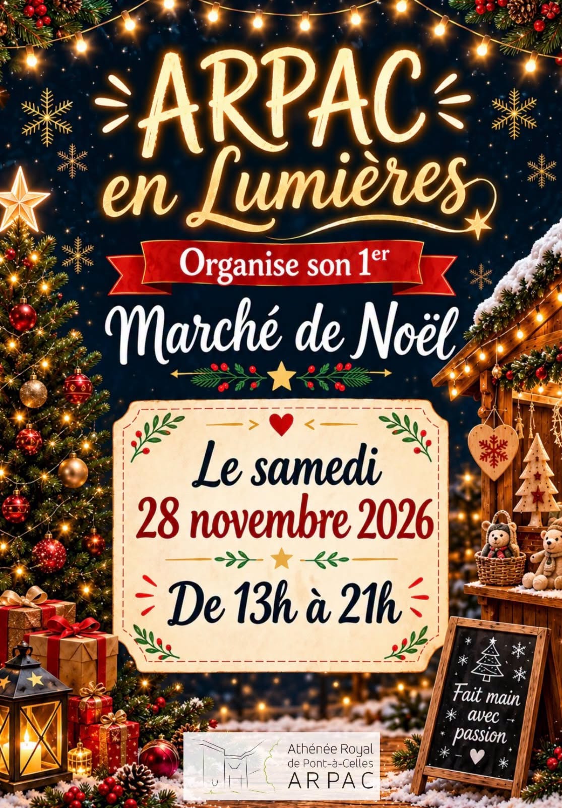 Affiche ARPAC en Lumières — Marché de Noël, samedi 28 novembre 2026, de 13h à 21h